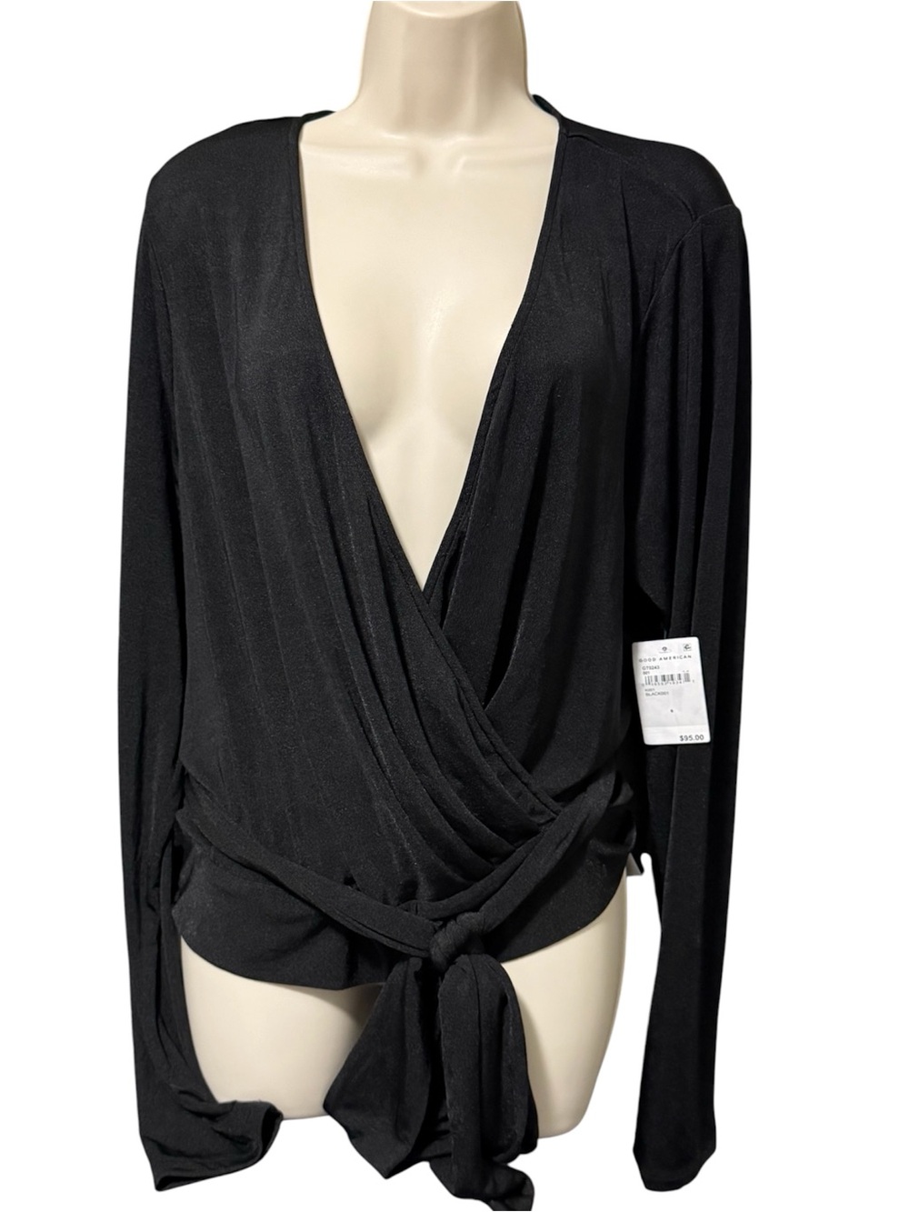 Good American  Black Wrap-Front Long Sleeve Robe Top